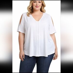 ALFANI Womens 16W Career Office Short Sleeve w/Slit Solid White Tunic Top Blouse